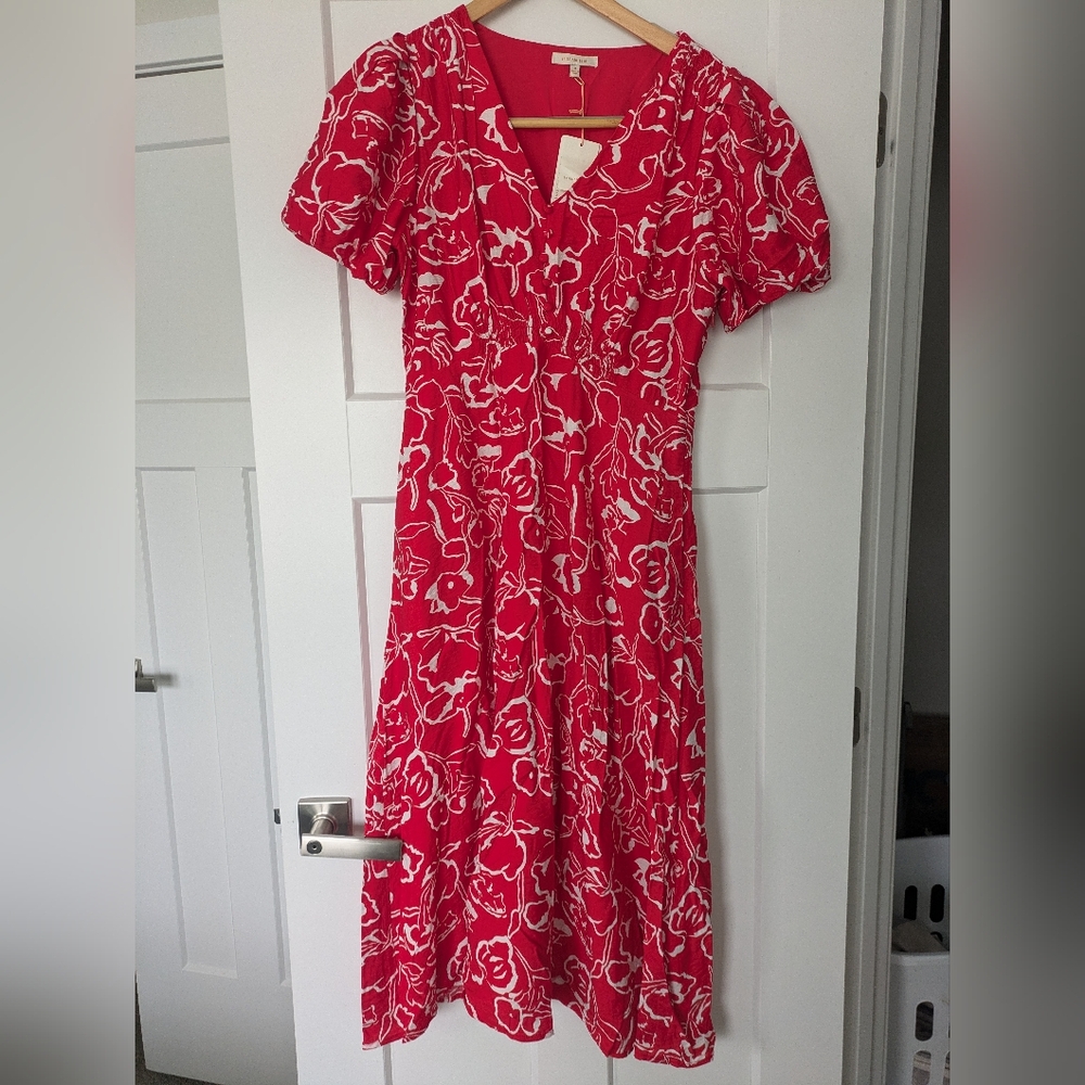 NWT Pinkblush Red and White Puff Sleeve Midi Maternity Dress